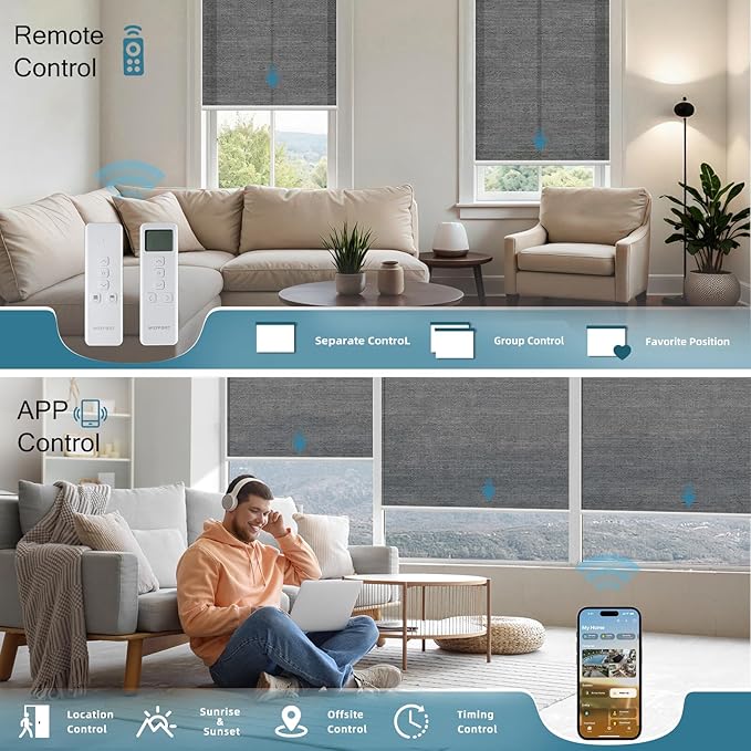 Motorized Light Filtering Roll Shades Work with HomeKit, 50% Blackout Smart Blinds for Windows, Electric Blinds with Remote, APP/Voice Control, Automatic Solar Shades,Sunscreen PVC Free Black