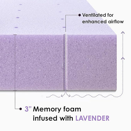 Mellow 3 Inch Ventilated Memory Foam Mattress Topper, Soothing Lavender Infusion, Full