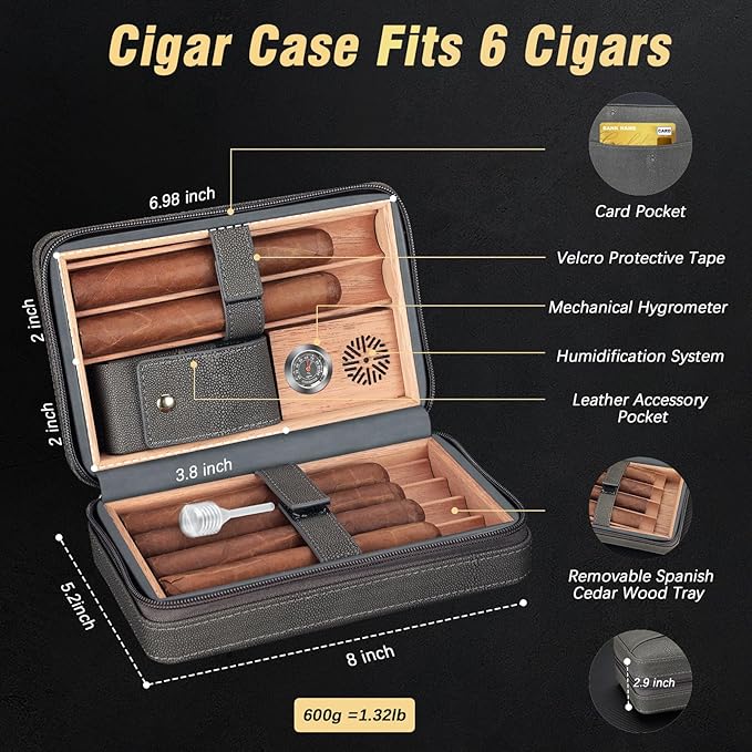 TISFA Cigar Humidor and Cigar Lighter Set, Portable Cigar Travel Case with Multifunctional Lighter, Includes Cigar V Cutter, Cigar Holder, Leather Humidor Cigar Box Cigar Gifts for Men (Stone Gray)