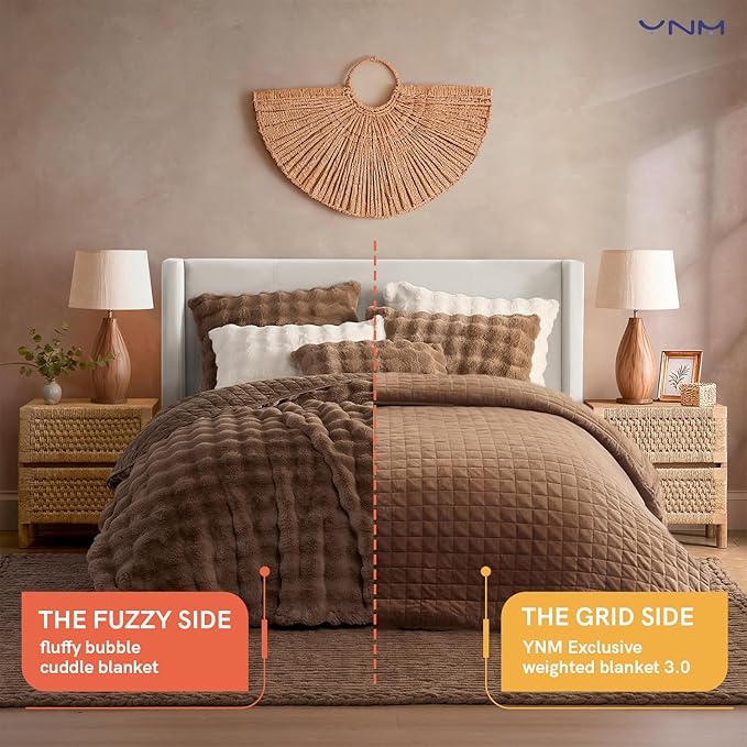 YnM Ultra-Soft Weighted Blanket, Fluffy Bubble Cuddle Heavy Bed Blanket, Plush Faux Fur Big Comforter, Soft & Warm Home Decor Piece (Brown, 90''x104'' 20lbs, King/Ca King)