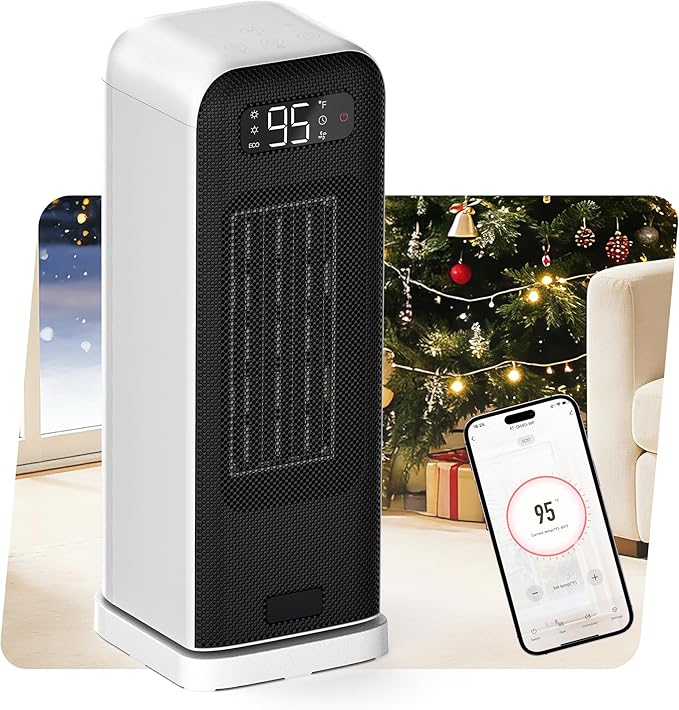MORENTO Space Heaters for Indoor Use, Electric Portable Heater for Bedroom with Thermostat, WiFi Voice Control, 36dB Quiet 4 Modes 12H Timer, 1500W PTC Ceramic Heater for Office Home 1Pack White