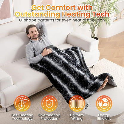 WOOMER Heated Blanket Throw 50" x 60", Electric Blanket Throw with 4 Heating Levels & 4H Auto Off, ETL Certified, Black Grey Flowers Patterns Faux Fur & Sherpa, Machine Washable