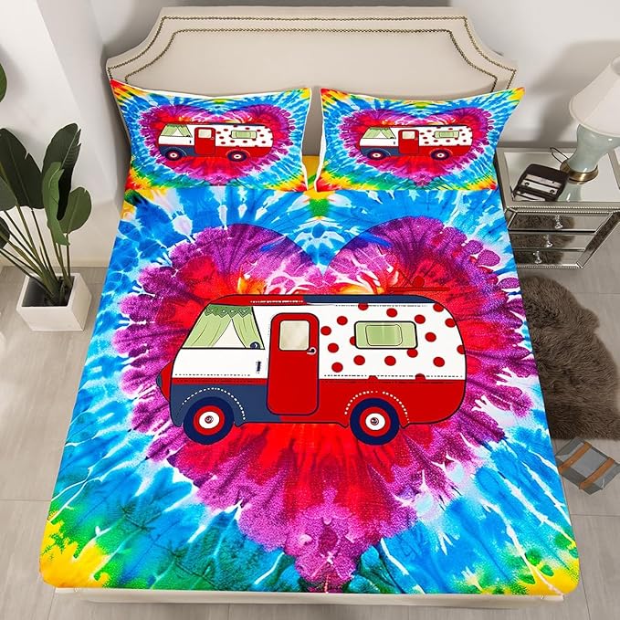 Manfei Camping Trailer Bed Sheet Set for Kids,Watercolor Love Heart Boho Tie Dye Paint Sheets Set,Nature Tourism Theme Colorful Home Decor Sheet Sets with Deep Pocket,Top Flat Sheet,Twin Size