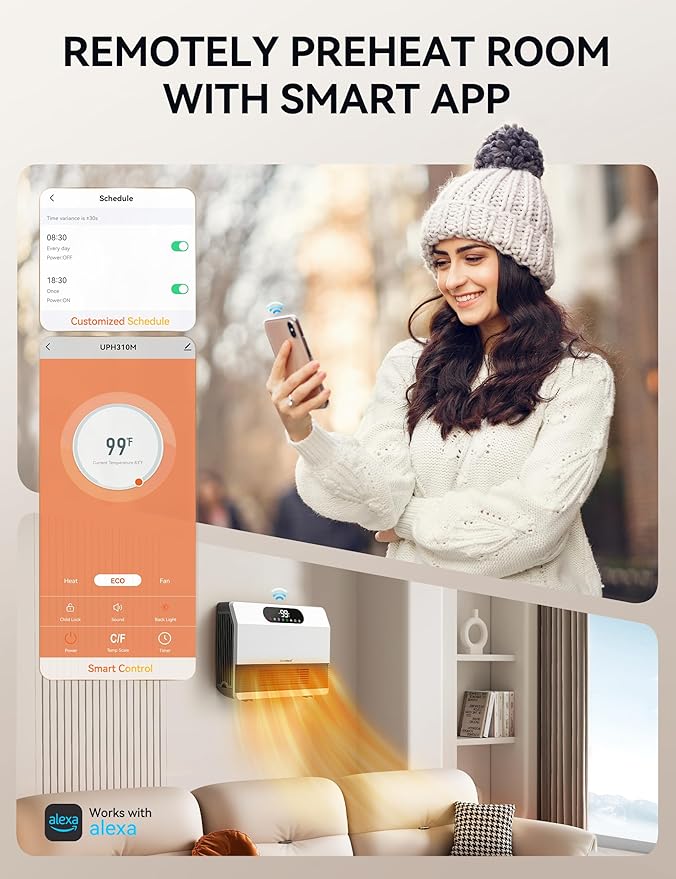 GiveBest Electric Wall Heater, Space Heaters for Indoor Use, 1500W Smart Heater with Adjustable Thermostat, Remote Control, Works with Alexa, 12H Timer Heat for Bedroom Office Home Garage RV, White