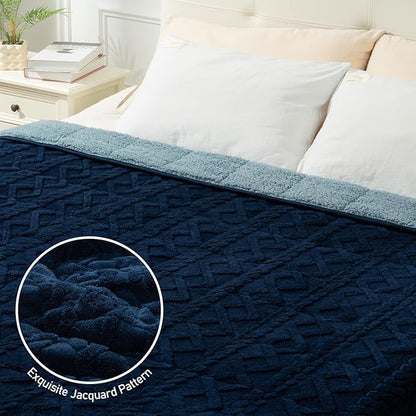 Wemore Weighted Blanket for Adults Twin Size 15 lbs, Dual Sided Soft Fuzzy Jacquard Sherpa Weighted Blankets for Sleeping, Cozy Fluffy Knitted Heavy Blanket for Couch Bed, Navy Blue, 60 x 80 inches