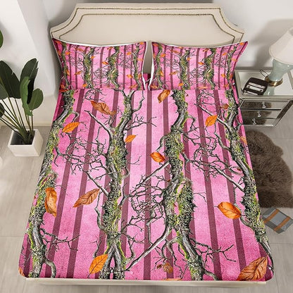 Camoflage Kids Fitted Sheet Full Size,Hunter Cabin Tree Branches Botanical Leaves Rustic Bedding Set,Girls Women Room Decor,Geometric Stripes Bed Cover,Pink Bed Sheet,2 Pillowcases(No Top Sheet)