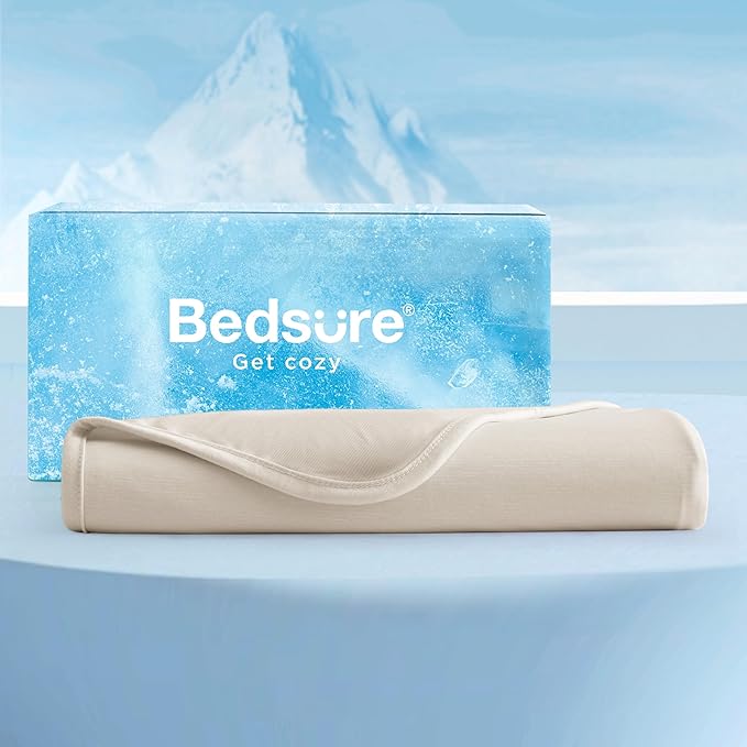 Bedsure Beige Cooling Blanket Queen Size for Hot Sleepers - Summer Cold Blanket for Queen Size Bed with Rayon Derived from Bamboo, Ice Cool Cold Arc-Chill Thin Summer Bedding Essentials, 90x90