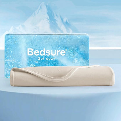 Bedsure Beige Cooling Blanket Queen Size for Hot Sleepers - Summer Cold Blanket for Queen Size Bed with Rayon Derived from Bamboo, Ice Cool Cold Arc-Chill Thin Summer Bedding Essentials, 90x90