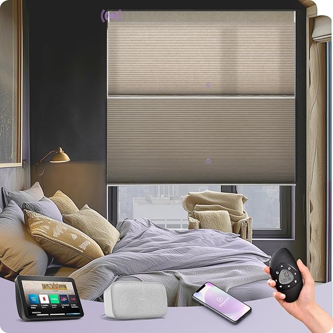 Graywind Motorized Day Night Cellular Shades with Remote, Smart Honeycomb Blinds Compatible with Alexa & Google Home, Custom Size Blackout/Privacy for Bedroom, Living Room & Home Office, Brown