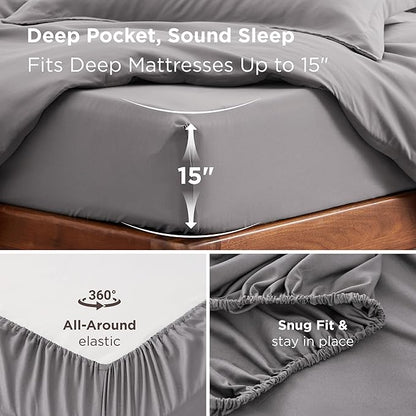 Bedsure Duvet Cover with Fitted Sheet King - Warm Deep Pocket, Hotel Luxury Soft Double Brushed Bedding Set with Zipper Closure, 1 Duvet Cover, 1 Fitted Sheet, 2 Pillow Shams, NO Comforter, Grey