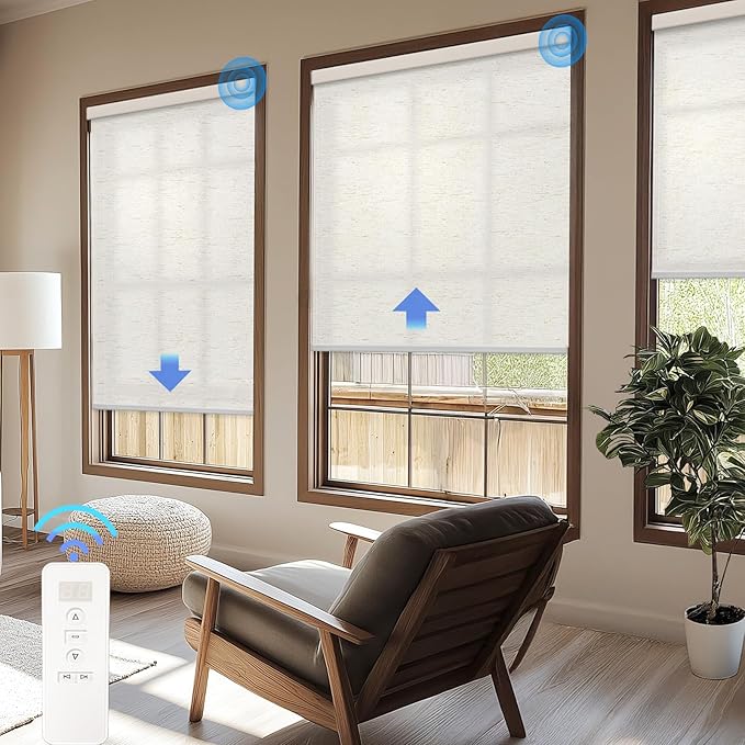 Motorized Blinds with Remote Cordless Automatic Motorized Shades Custom Blinds for Windows Smart Curtains Compatible with Alexa Google Home(Light Filtering Linen Sandy Beach,W25 x H72in)