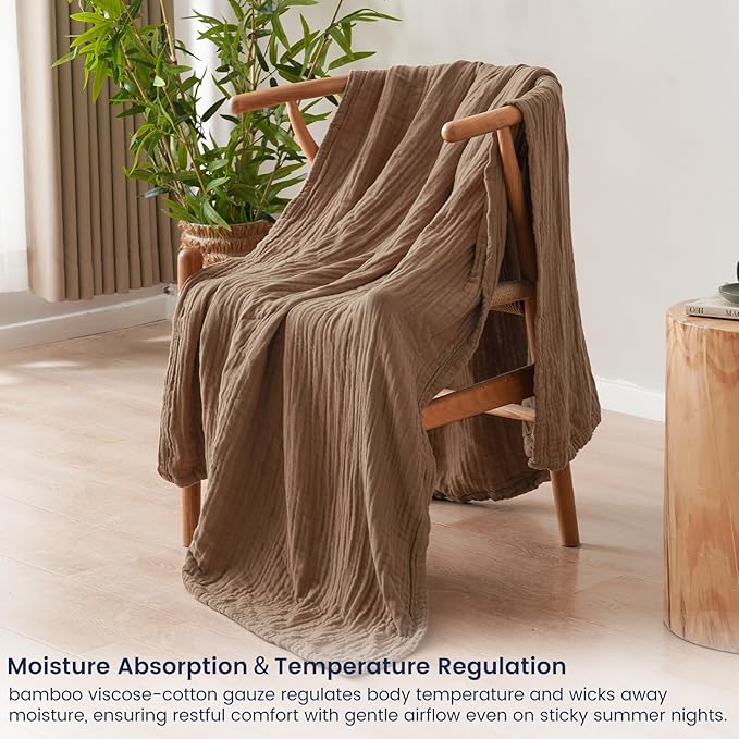 PHF Cooling Muslin Throw Blanket for Hot Sleepers, 60% Rayon Derived from Bamboo, 40% Cotton for Summer, 4-Layer Breathable Gauze Blanket for Bed Couch, 50"x60", Brown