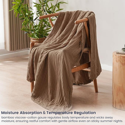 PHF Cooling Muslin Throw Blanket for Hot Sleepers, 60% Rayon Derived from Bamboo, 40% Cotton for Summer, 4-Layer Breathable Gauze Blanket for Bed Couch, 50"x60", Brown