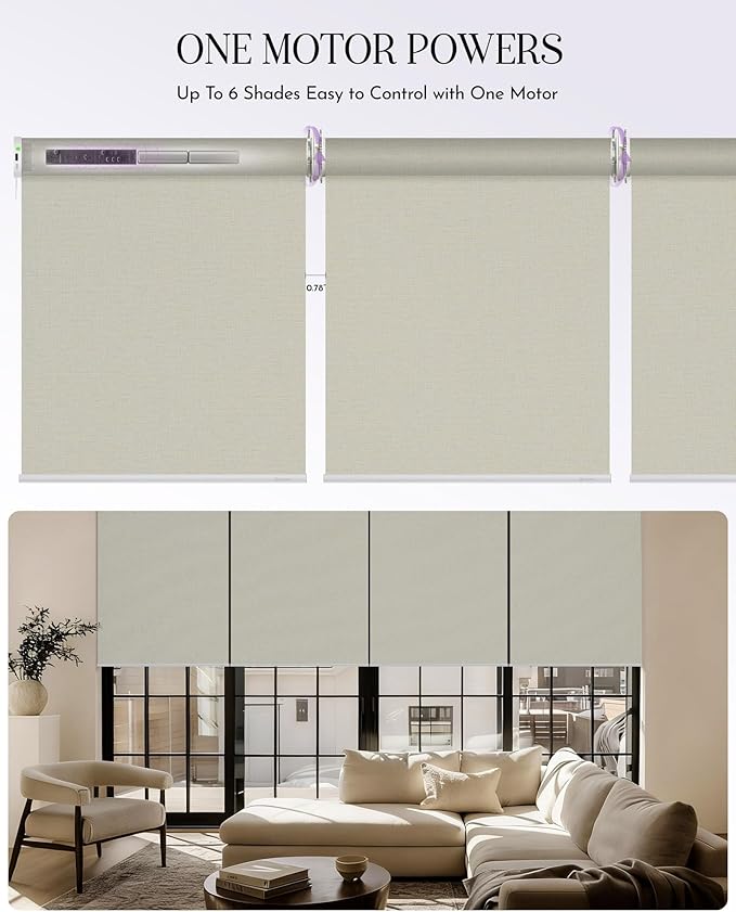 Graywind Smart Coupled Roller Shades Compatible with Alexa Google Custom Size Extra Large Motorized Blinds for Windows(Beige White)