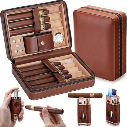Travel Cigar Humidor Case, Cedar Wood Lined Leather Box w/ 3-in-1 Lighter-Built-in V Cutter/Holder, Humidifier, Hygrometer, Accessories Pocket, Portable 8 Cigars Storage, Gift for Men