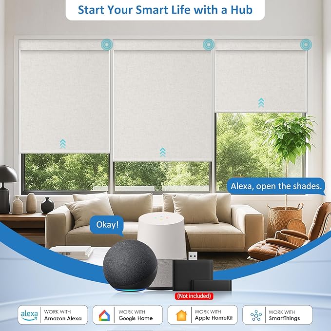 Smart Motorized Blinds with Remote, Cordless No-Drill Automatic Roller Shades, Blackout Electric Blind for Windows, Linen Stone, 33.5 x 72