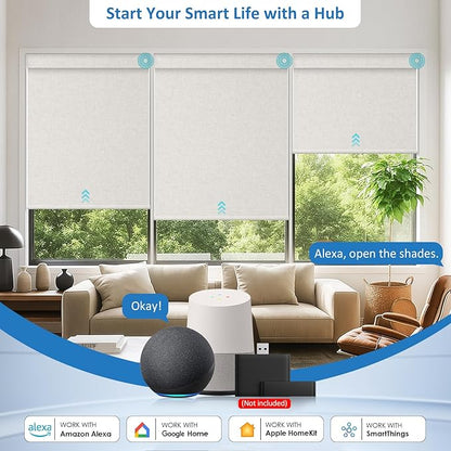 Smart Motorized Blinds with Remote, Cordless No-Drill Automatic Roller Shades, Blackout Electric Blind for Windows, Linen Stone, 33.5 x 72