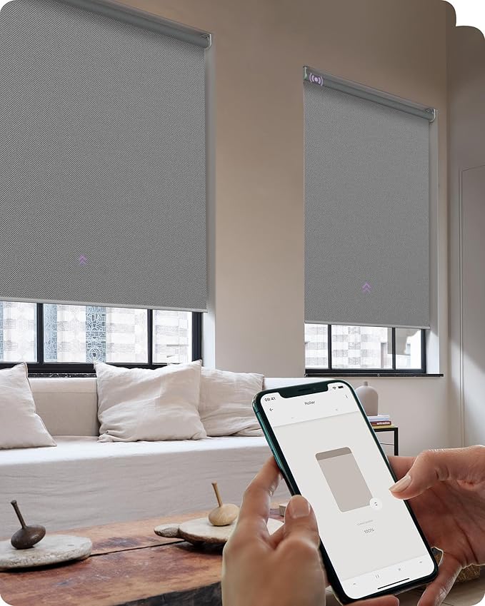 Graywind Smart Roller Shades 100% Blackout Window Blinds with APP Control Customized Automatic Shades for Home and Office(46" Wx72 H,Grey)