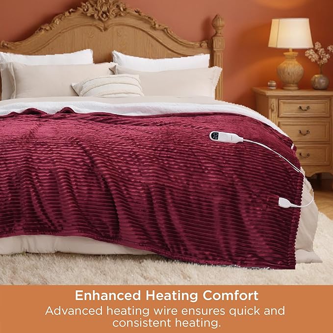 Bedsure GentleSoft Electric Blanket Queen Size - Soft Ribbed Flannel Heated Blanket with Dual Control, Heating with 10 Heat Settings & 10 Time Settings, 8 hrs Timer Auto Shut Off (84"x90", Burgundy)
