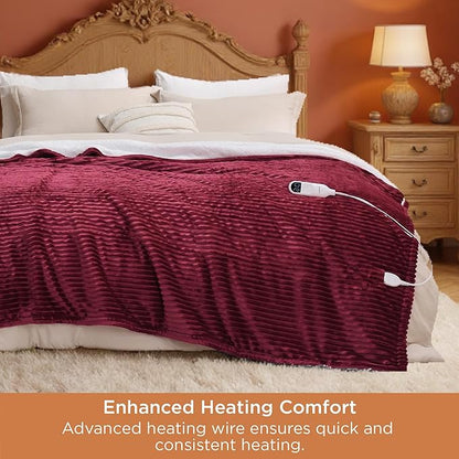 Bedsure GentleSoft Electric Blanket Queen Size - Soft Ribbed Flannel Heated Blanket with Dual Control, Heating with 10 Heat Settings & 10 Time Settings, 8 hrs Timer Auto Shut Off (84"x90", Burgundy)