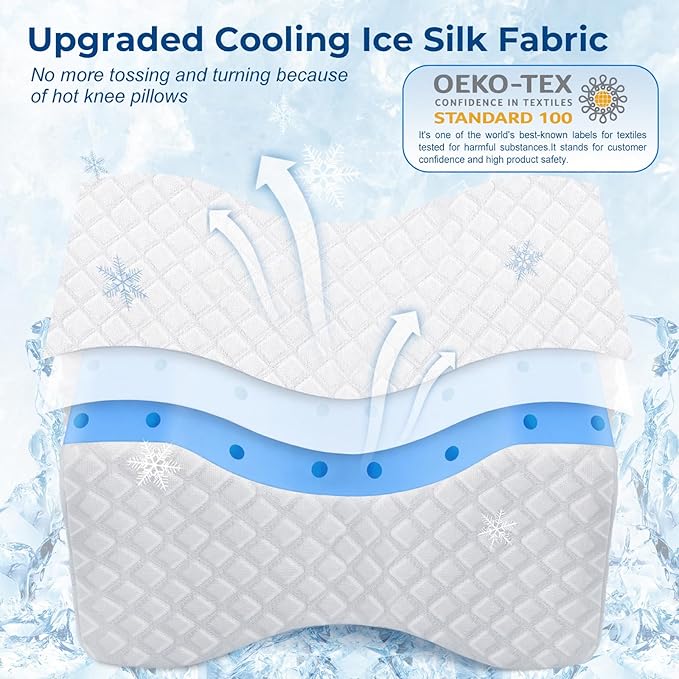 KingPavonini Cooling Knee Pillow for Side Sleepers, Gel Memory Foam Leg Pillows for Side Sleeping with Ice Silk Cover and Strap, Knee Pillow for Back Hip Pain, Spine Aligning, Sciatica, Pregnancy