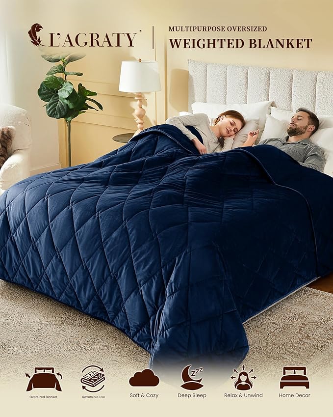 L'AGRATY King Size Weighted Blanket for Adults 25lbs, 88"x104" — Cooling Breathable Heavy Blanket with Glass Beads for Sleeping Perfect Hot Sleepers & Couples Machine Washable All-Season Navy Blue