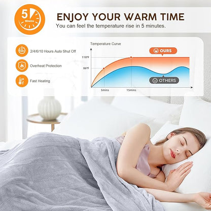 HYLEORY Heated Electric Blanket Throw, 2-Layer Cozy Warm Flannel 62" x 84", Heating Blanket with 9 Heating Levels, 2/4/6/10 Hours Auto Off, Fast Heating Winter Blanket, Light Grey