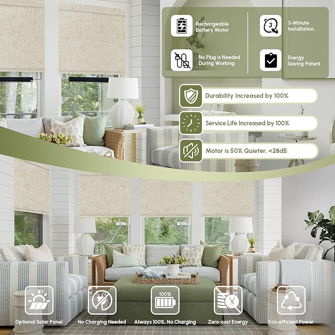 FineTell Motorized Blinds with Remote, 100% Blackout Roller Shades Compatible with Alexa,Apple Homekit,Google Home APP and Voice Control, Customized Electric Blinds (100% Blackout Linen Stone)