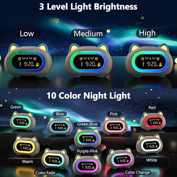 BC-YD-03W-002ds Bedrooms, Kids Alarm Clock with Dual Alarm Snooze Mode 10 Color Night Light Sleep Training Eye Protection Auto Off Timer Blue Cat, Gifts for Kids Girls Boys Teens