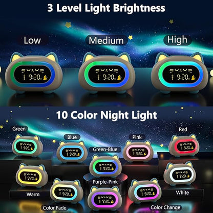 BC-YD-03W-002ds Bedrooms, Kids Alarm Clock with Dual Alarm Snooze Mode 10 Color Night Light Sleep Training Eye Protection Auto Off Timer Blue Cat, Gifts for Kids Girls Boys Teens