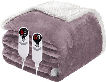 Electric Heated Blanket Queen Size 84"x90", Soft Flannel with Dual Controllers & Overheat Protection, 9 Adjustable Heat Settings & 10-Hour Auto-Off Timer, Fast Heating for Winter Comfort, Purple