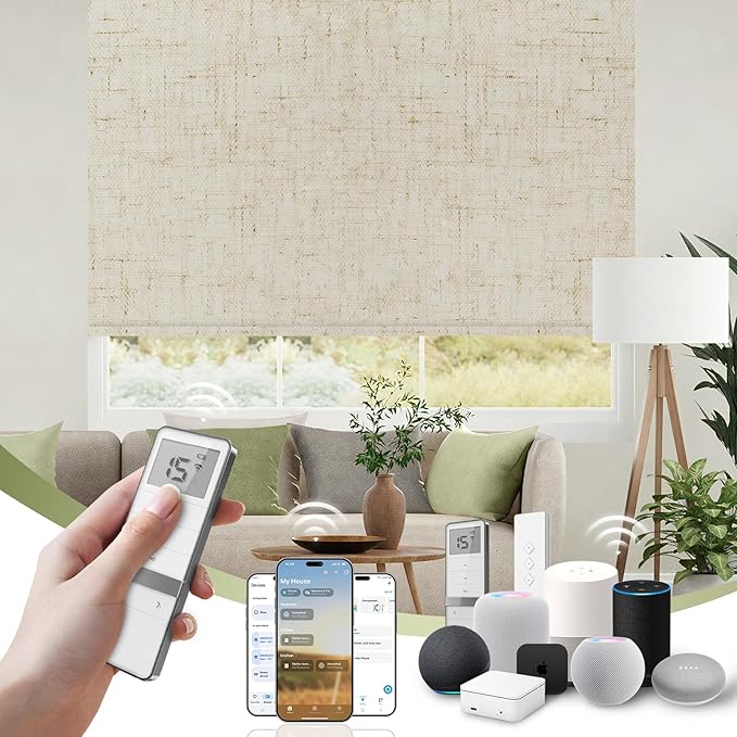 FineTell Motorized Blinds with Remote, 100% Blackout Roller Shades Compatible with Alexa,Apple Homekit,Google Home APP and Voice Control, Customized Electric Blinds (100% Blackout Linen Stone)