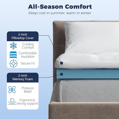 King Size 4 Inch Memory Foam Mattress Topper,Dual Layer Medium Support 2" Gel Memory Foam and 2" Mattress Pad for Back Pain Relief,Tencel Fabric,CertiPur-US Certified,White