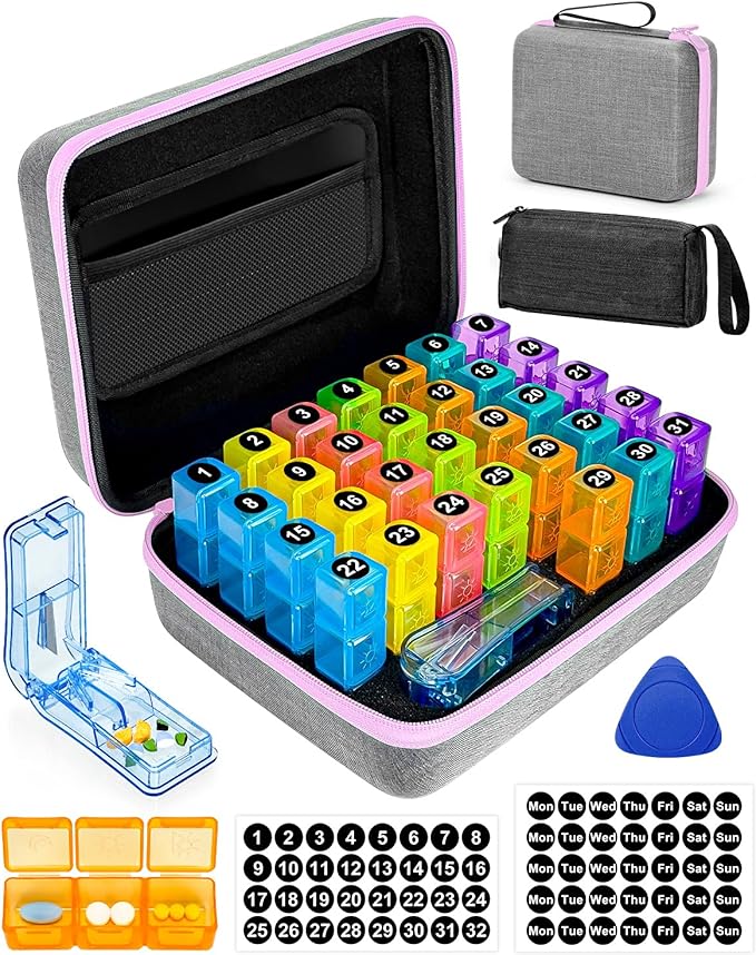 Monthly Pill Organizer 3 Times a Day with Weekly Pill Bags, Portable Hard Shell Case, Pill Cutter & Opener Pick, Monthly and Weekly Stickers for Medication Management (Purple, 3 Times a Day)