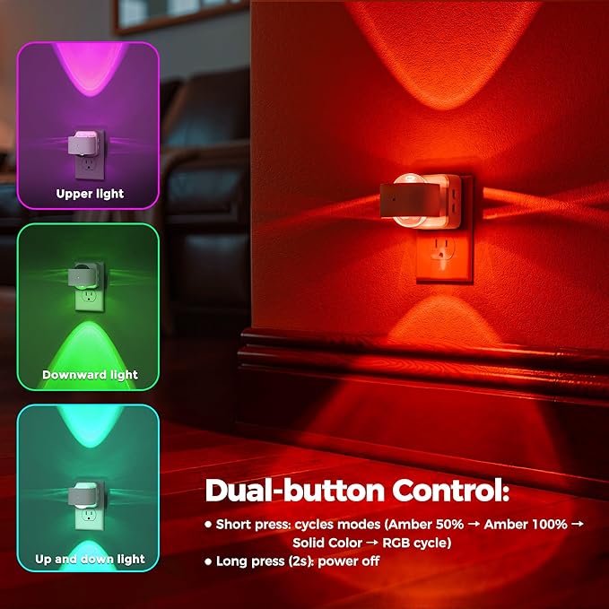 Briignite Night Light Projector, RGB Color Changing Night Light for Kids, 180° Rotating Night Lights Plug into Wall, Dusk to Dawn Sensor, RGB Ambient Lighting for Gaming Room Gifts, White, 2 Pack