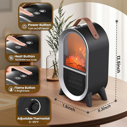 Portable Electric Fireplace Heater, 1500W/750W Mini Space Heater for Indoor Use with 3D Flame, Thermostat, Carry Handle, Overheat & Tipover Protection, for Home Office Bedroom Desk, Black