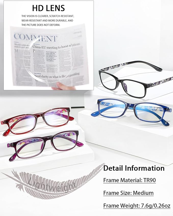 EYEURL Blue Light Blocking Readers for men Women - 2 Pair Ladies Computer Reading Glasses +4.0 Stylish TR90 Rectangular Frames