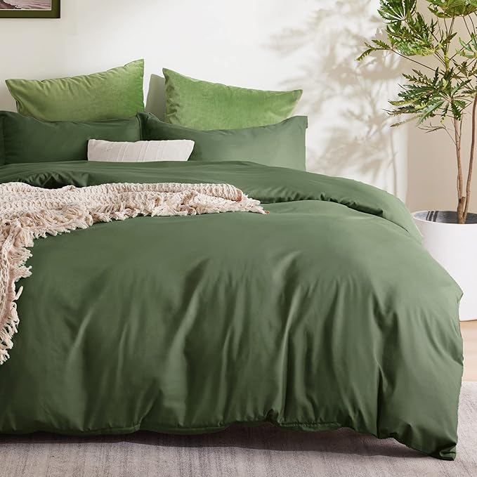 Bedsure Duvet Cover Queen Size - Soft Double Brushed Bedding Set for Kids & Adults, Zipper Closure, 3 Pieces, Includes 1 Duvet Cover (90"x90") & 2 Pillow Shams, NO Comforter, Olive Green