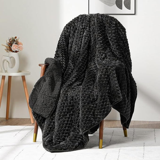Wemore Fleece Weighted Blanket for Adults (48" x 72" 15lbs, Black), Dual Sided Cozy Soft Sherpa Heavy Blanket, 3D Imitation Turtle Shell Warm Jacquard Flannel Weighted Blankets