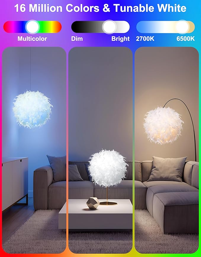 Star Vision Smart Feather Lamp with RGB Light Bulb, Built-in Bluetooth Speaker, Remote & APP Control, Fluffy Girl Room Decor, 600 Lumens, 15.7inches, White