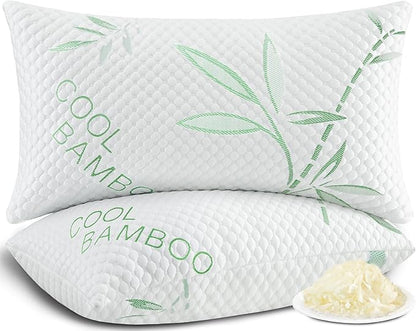 Shredded Memory Foam Pillows, Cooling Pillows King Size Set of 2 Adjustable Firm Bamboo Bed Pillows for Hot, Side, Back and Stomach Sleepers