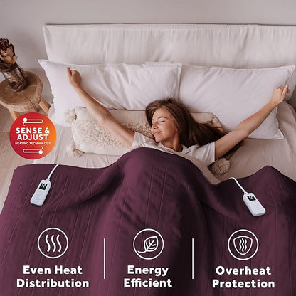 Sunbeam Royal Ultra Fleece Heated Electric Blanket King Size, 90" x 100", 12 Heat Settings, 12-Hour Selectable Auto Shut-Off, Fast Heating, Machine Washable, Warm and Cozy, Claret