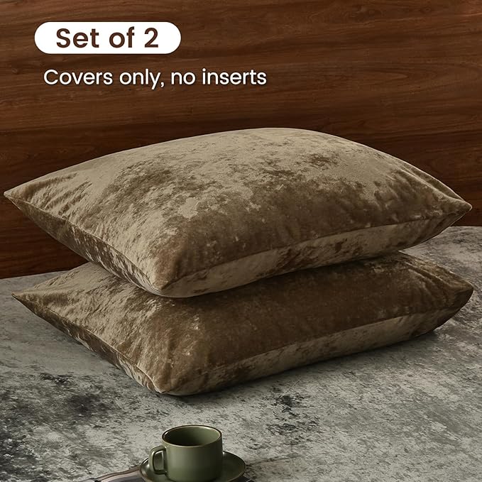 PHF Truly Velvet Pillowcases King Size, No Insert, 2 Pack Ultra Soft Breathable Pillow Shams Covers with Envelope Closure, 20" X 36" Luxury Cozy Warm Fuzzy Flannel, Khaki