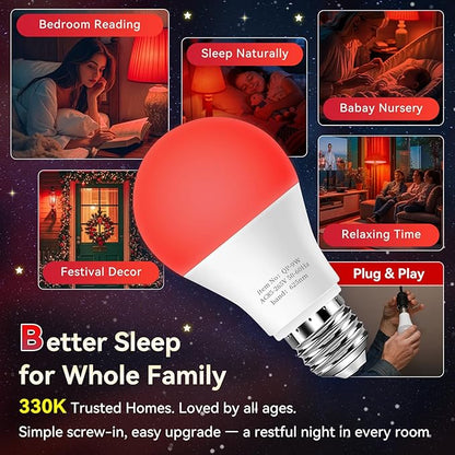 Neporal 625nm Red Light Bulbs for Sleep, 100% Blue Light Blocking Light Bulbs for Melatonin Promoting, A19 LED 9W 60W Equivalent Dim Red Night Light Bulb for Baby Nursery, Sleeping, Reading, 4-Pack