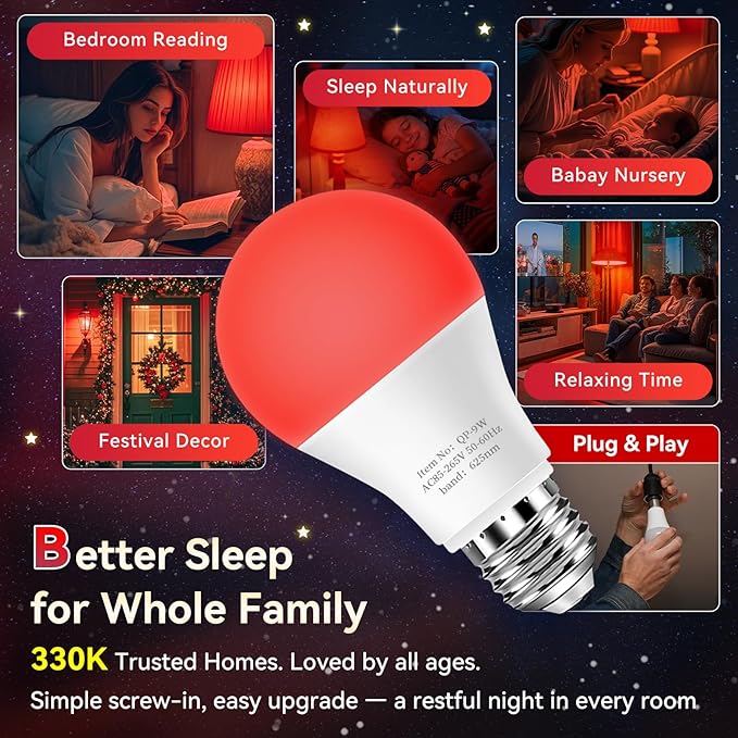 Neporal 625nm Red Light Bulbs for Sleep, 100% Blue Light Blocking Light Bulbs for Melatonin Promoting, A19 LED 9W 60W Equivalent Dim Red Night Light Bulb for Baby Nursery, Sleeping, Reading, 6-Pack