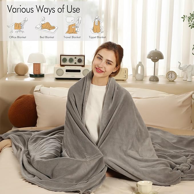 ESTINGO Heated Blanket Twin Size, Fast Heating Electric Blanket with Extremely Cozy Plush with 5 Heating Levels & 10 Hours Auto Off for Bedroom Office Couch, 62"x84", Light Gray