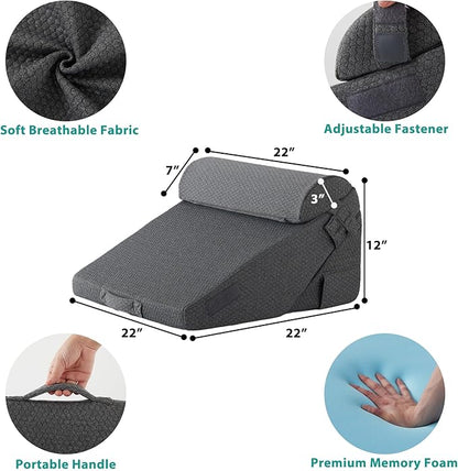 Bedluxe Adjustable 4pcs Bed Wedge Pillow Set, Memory Foam Wedge Pillow Post Surgery for Back, Neck, Leg Pain Relief, Pillow Wedge for Sleeping, Sitting up in Bed, Acid Reflux and GERD, Dark Grey