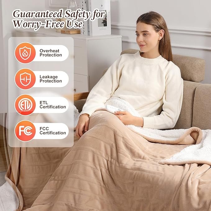 Full Size Heated Electric Blanket Heating Blanket - 72X84in Full Size Electric Blanket for Bed, Fast Heating and Over-Heat Protection Heated Blanket 5 Heat Levels, House Warming Gifts New Home (Beige)