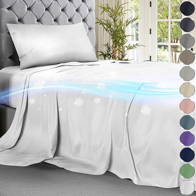 DECOLURE Cooling Bed Sheets Twin Set 3pcs - Luxurious & Ultra-Soft Twin Size Cooling Sheets for Hot Sleepers - Comfortable Cool Bamboo Viscose Microfiber Sheets Twin Size w/Deep Pockets (White)