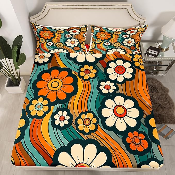 Groovy Daisy Flowers Fitted Sheet Twin Size,70s 80s Vintage Floral Hippie Psychedelic Bedding Set,Boys Girls Room Decor,Rainbow Boho Exotic Bed Cover,Bohemia Retro Bed Sheet,1 Pillowcase
